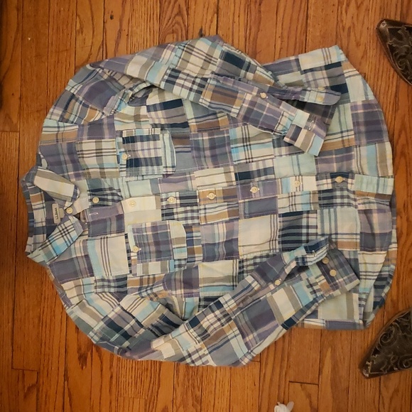 L.L. Bean Shirt Womens XS Blue Plaid Patchwork Roll Tab Sleeve Y2K Button Up - Picture 1 of 9